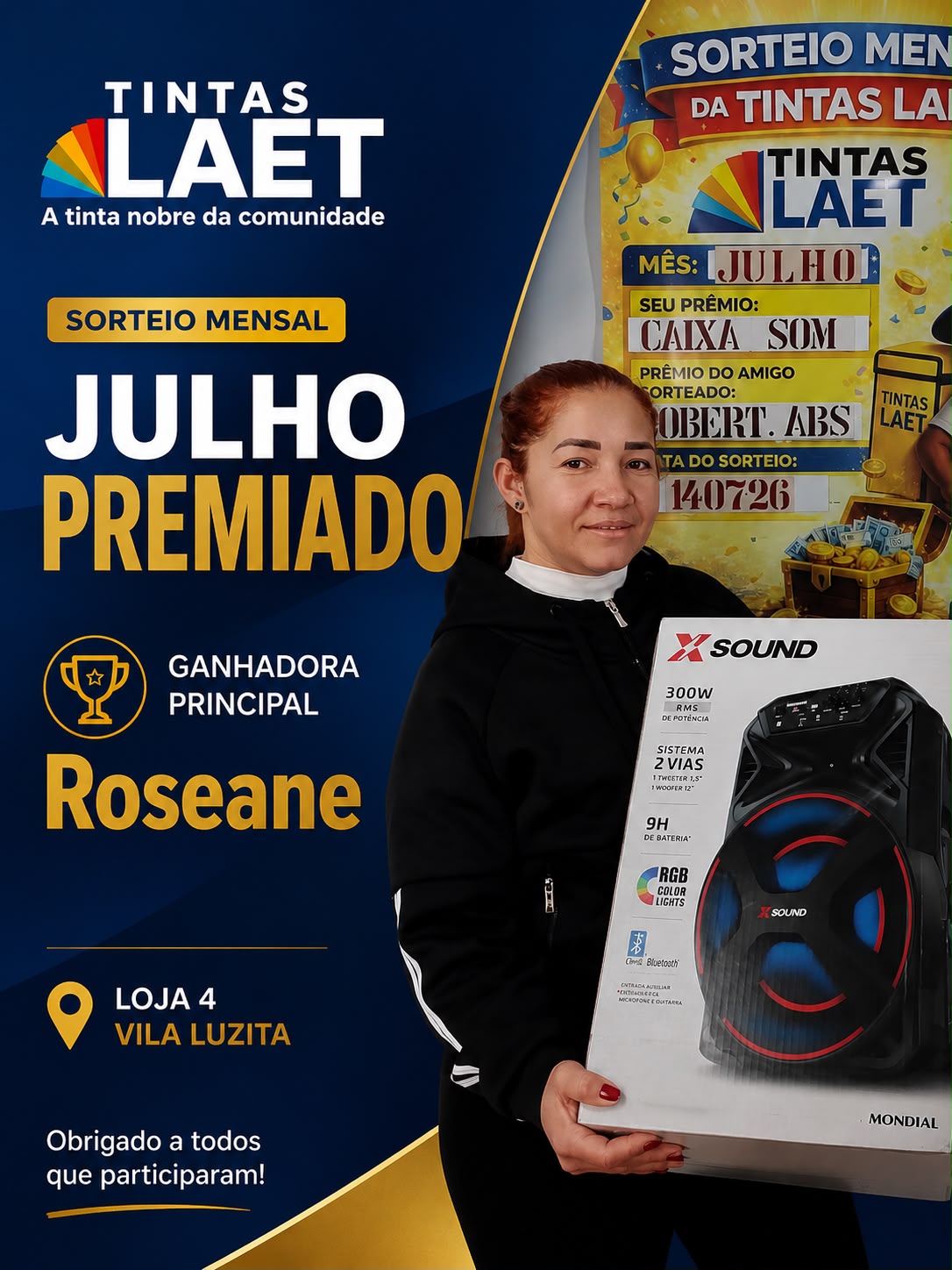 Roseane, ganhadora principal do sorteio de julho, com a caixa de som Mondial